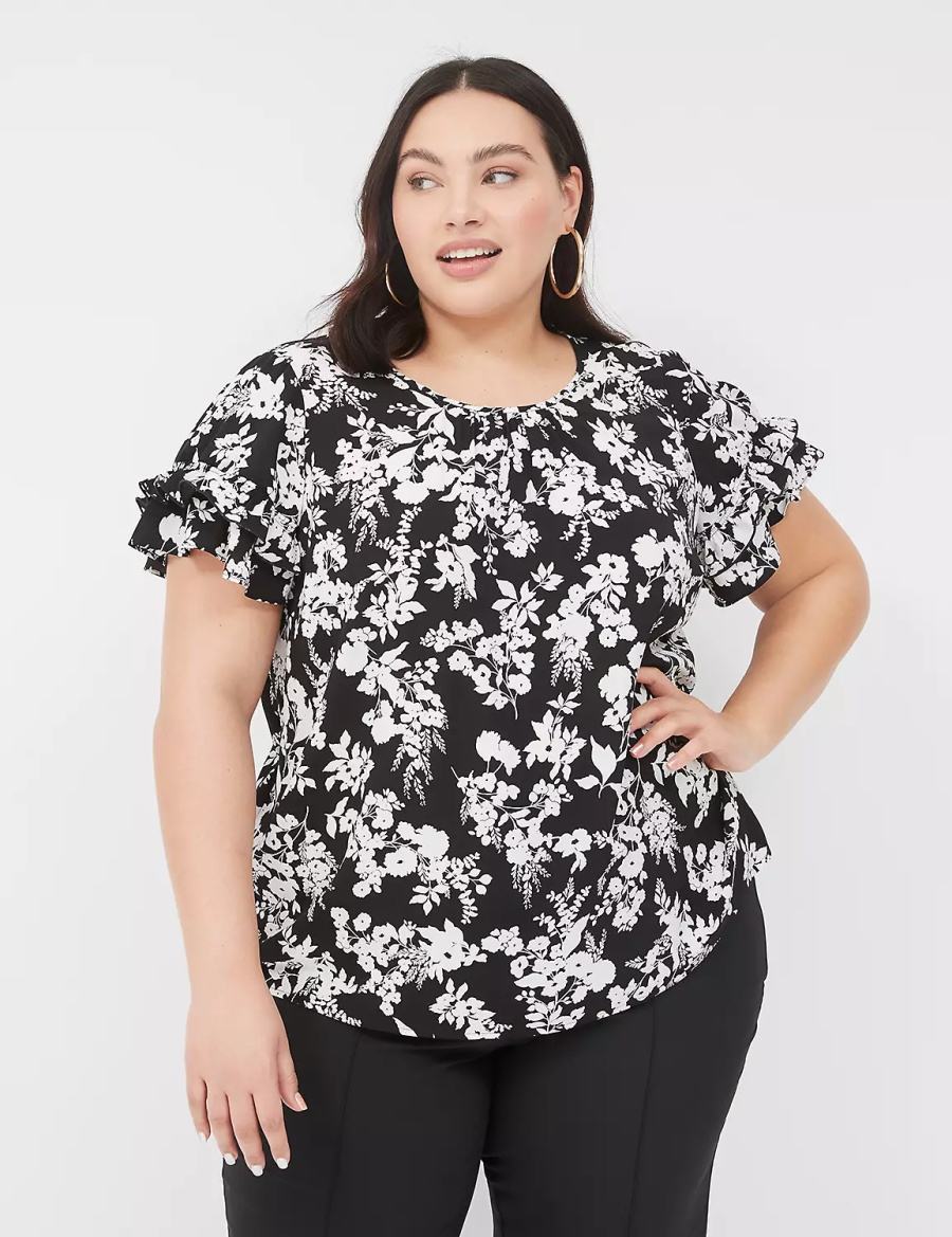 Lane Bryant Flutter-Sleeve Crew-Neck Top Women T Shirts Black | GTW5435AW