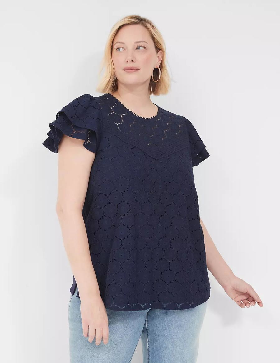 Lane Bryant Flutter-Sleeve Crew-Neck Women Blouse Blue | JUF2572XN