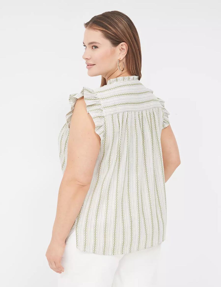 Lane Bryant Flutter-Sleeve Ruffle-Neck Women Blouse Green Stripes | INM1545WA