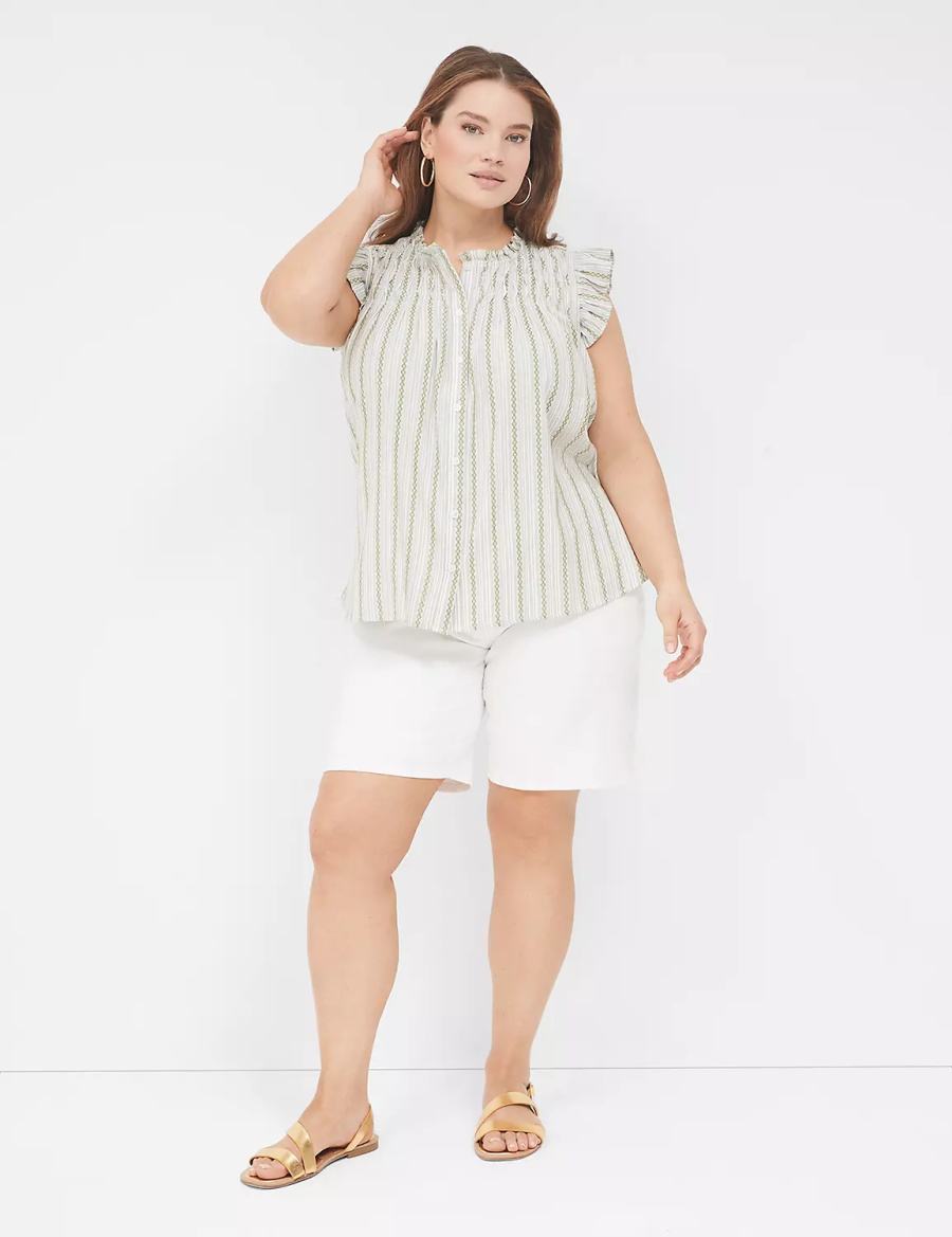 Lane Bryant Flutter-Sleeve Ruffle-Neck Women Blouse Green Stripes | INM1545WA