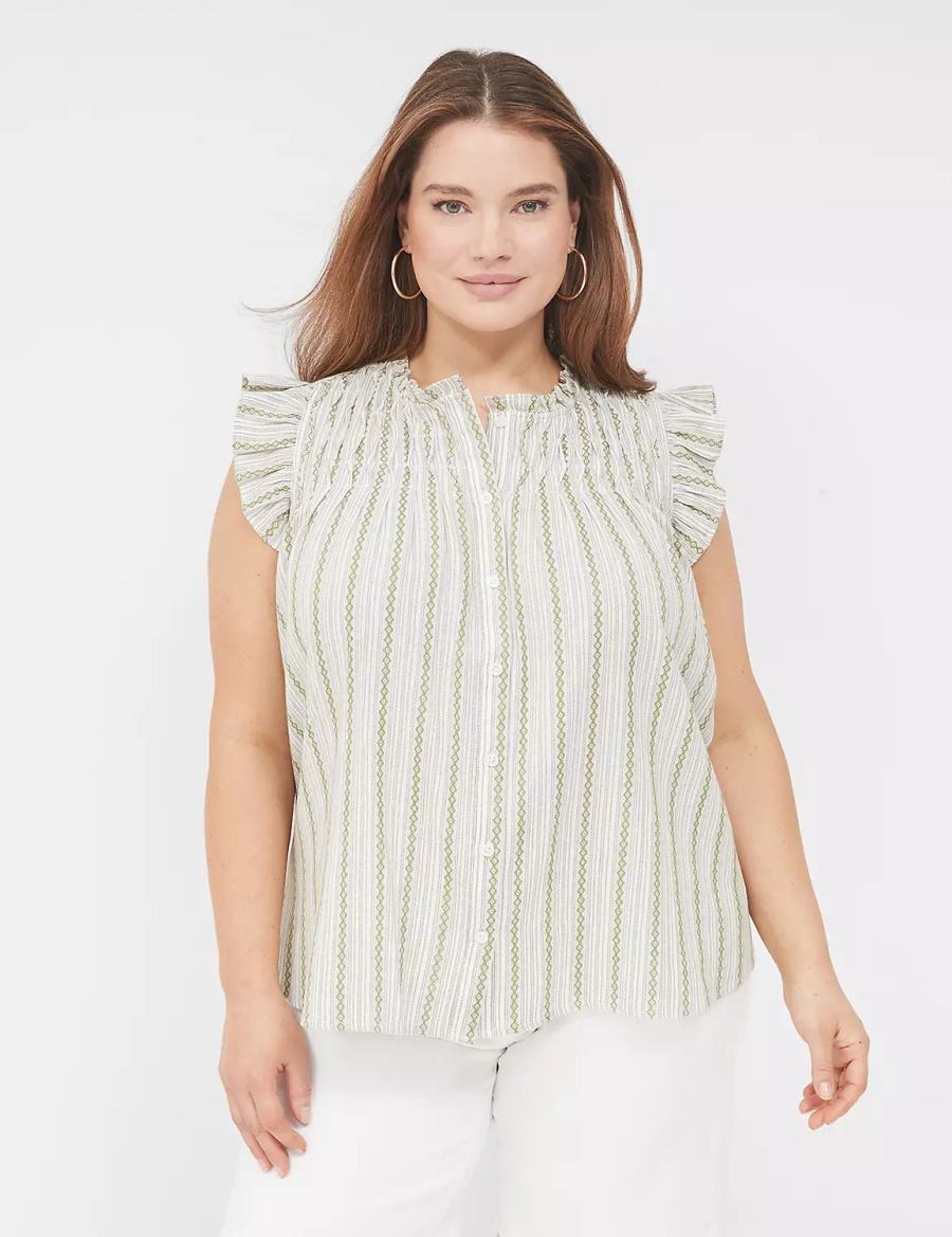 Lane Bryant Flutter-Sleeve Ruffle-Neck Women Blouse Green Stripes | INM1545WA