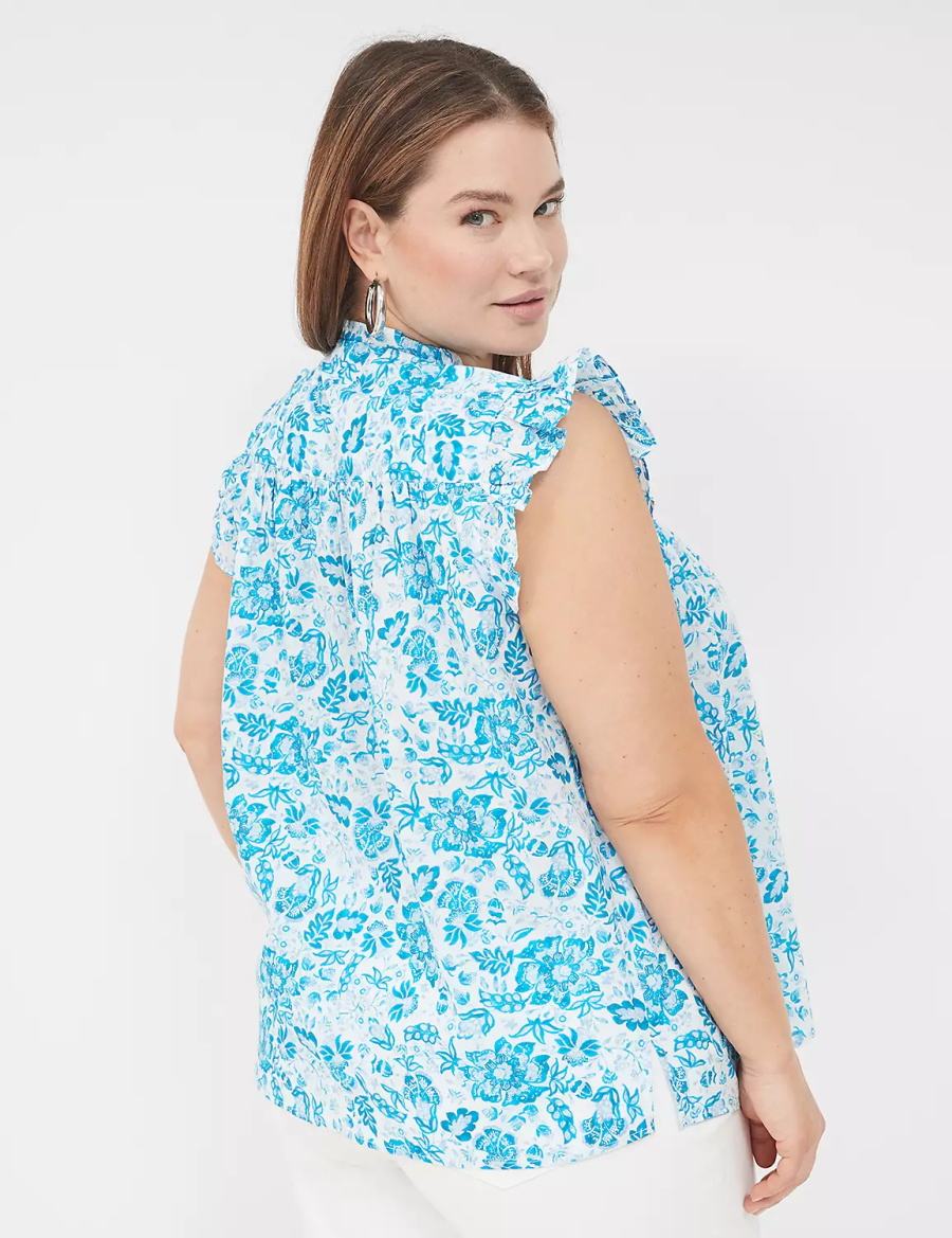 Lane Bryant Flutter-Sleeve Ruffle-Neck Women Blouse Blue | TOK2193OJ