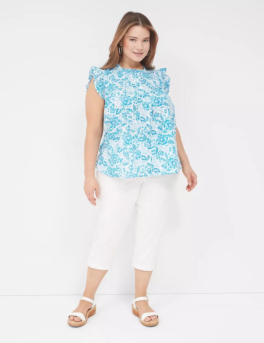 Lane Bryant Flutter-Sleeve Ruffle-Neck Women Blouse Blue | TOK2193OJ