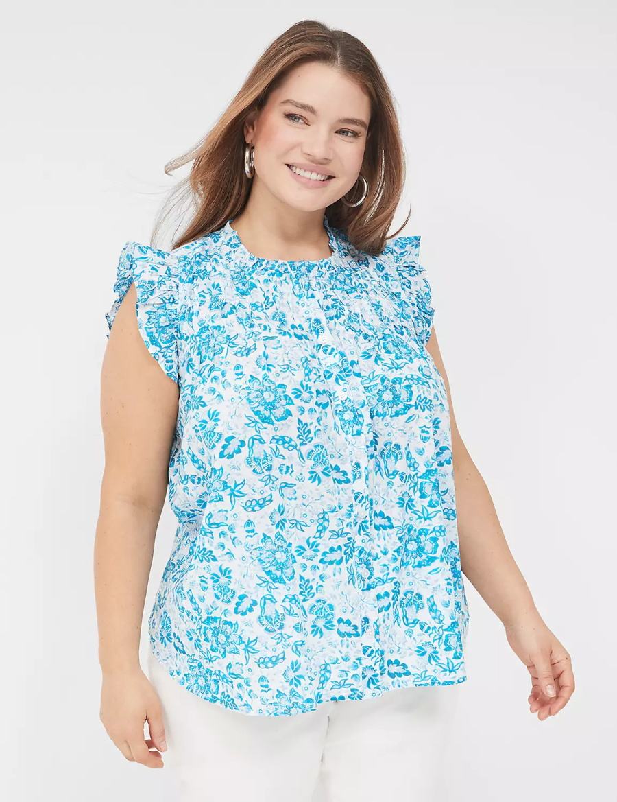 Lane Bryant Flutter-Sleeve Ruffle-Neck Women Blouse Blue | TOK2193OJ