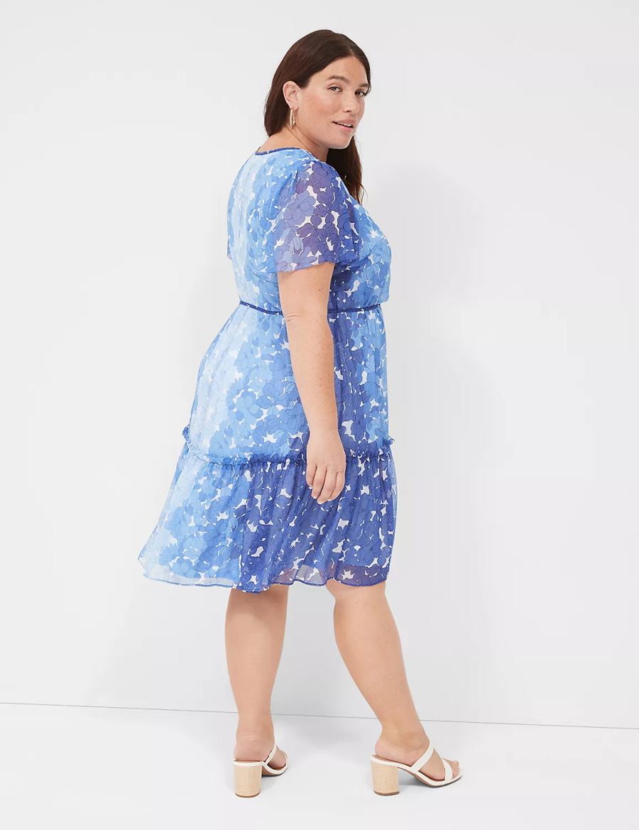 Lane Bryant Flutter-Sleeve Ruffle-Tier Women Casual Dress Blue | UXW1537EF