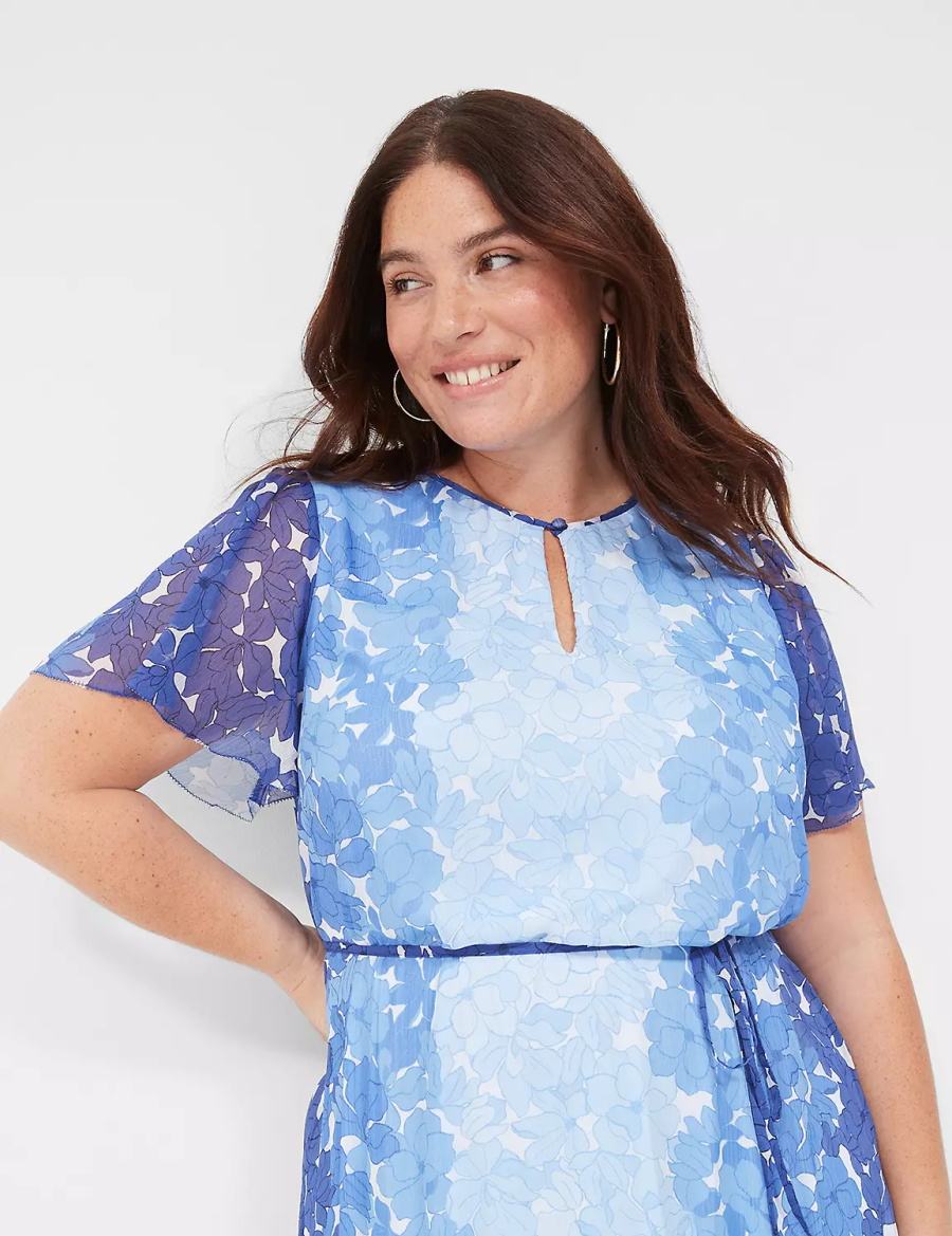 Lane Bryant Flutter-Sleeve Ruffle-Tier Women Casual Dress Blue | UXW1537EF