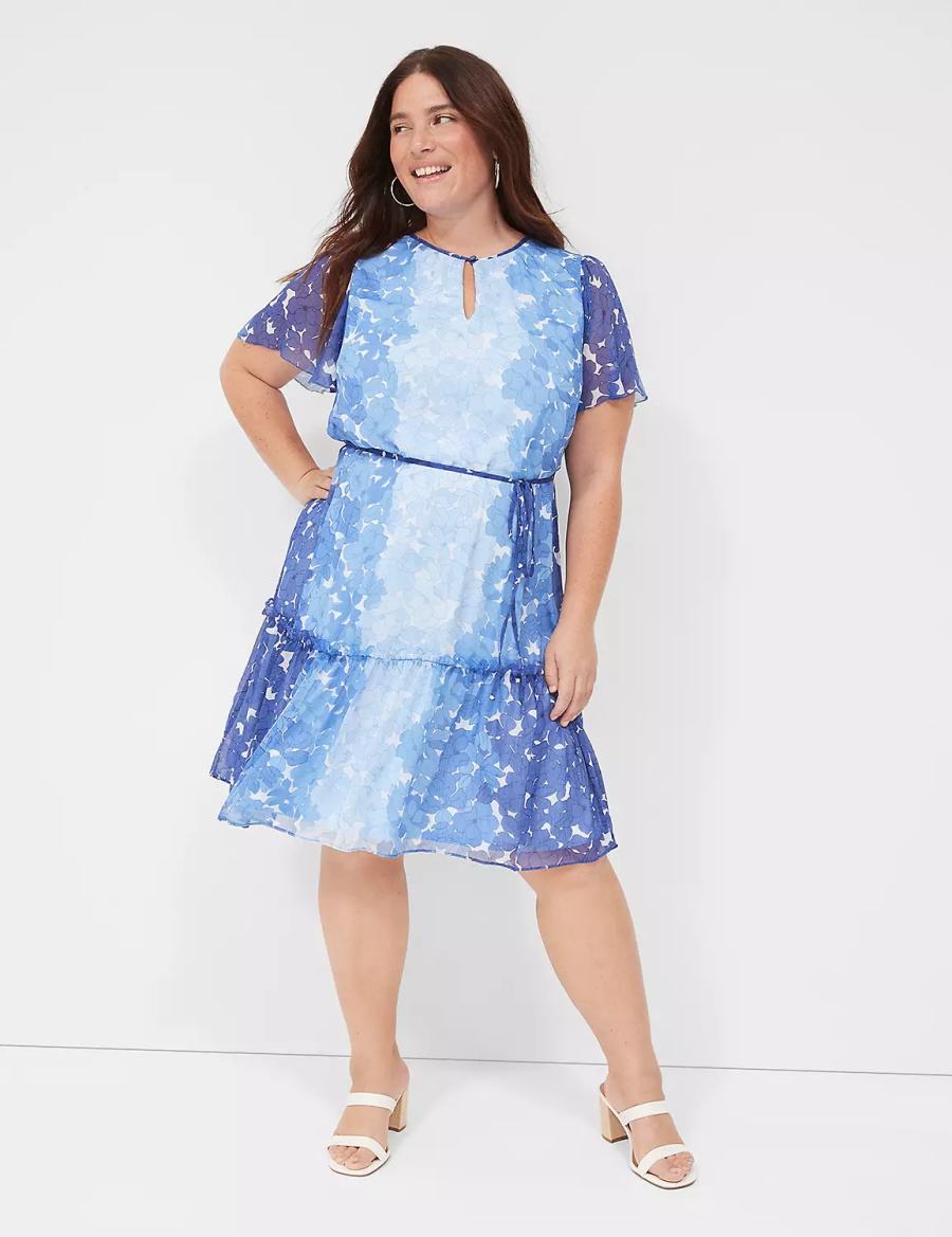 Lane Bryant Flutter-Sleeve Ruffle-Tier Women Casual Dress Blue | UXW1537EF