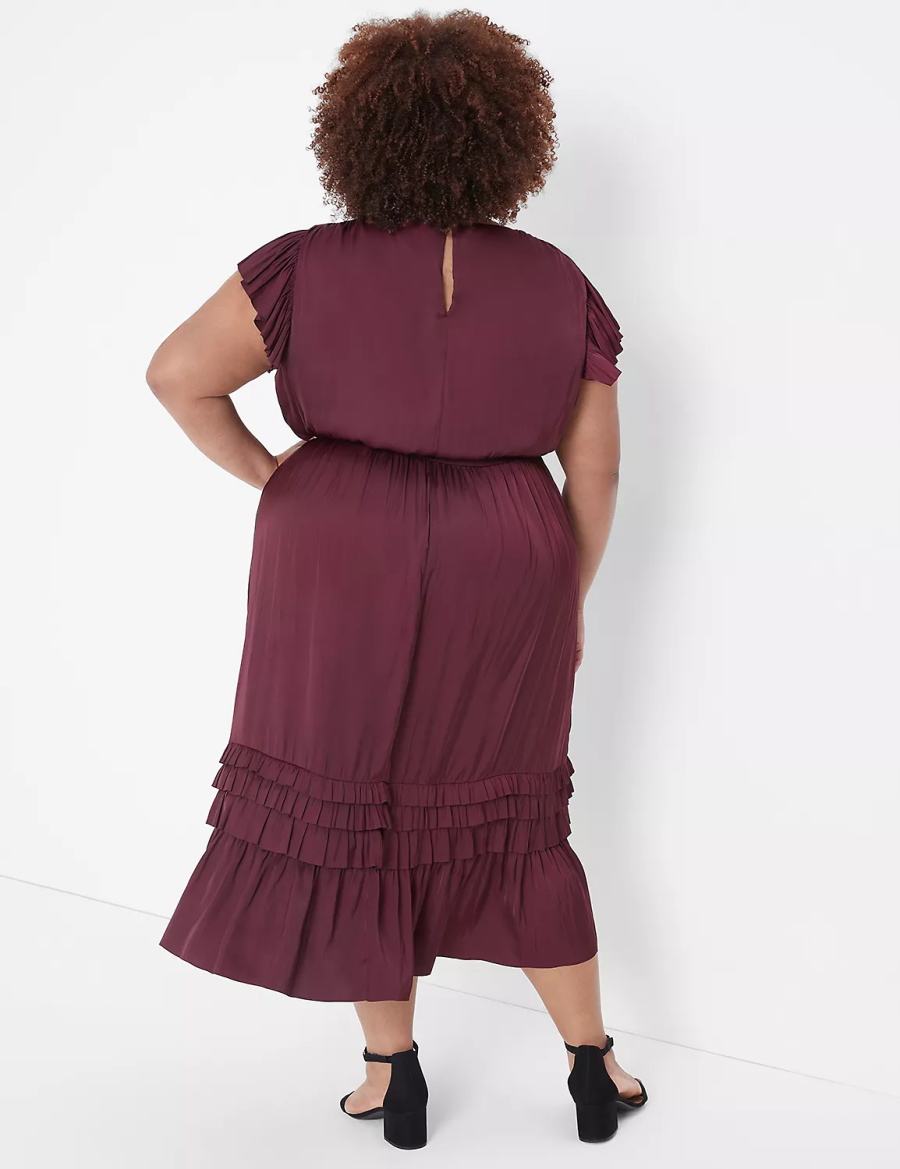 Lane Bryant Flutter-Sleeve Shirred Women Midi Dress Burgundy | PJM8063JA