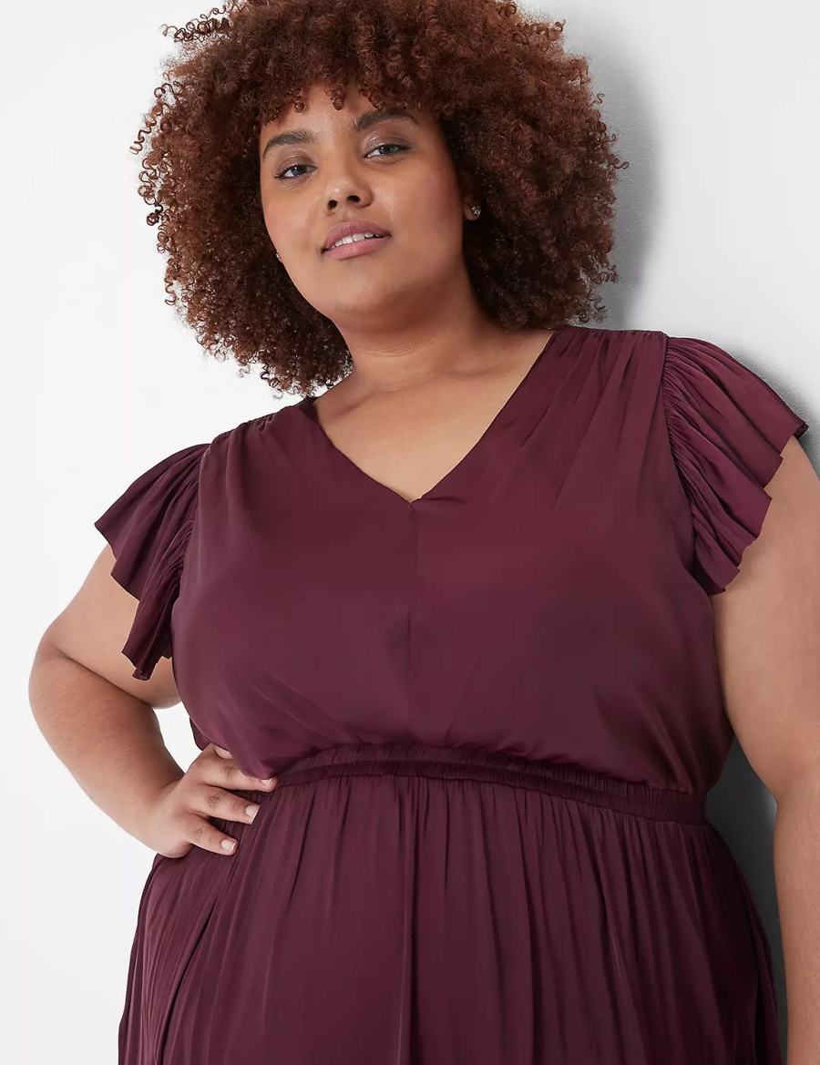 Lane Bryant Flutter-Sleeve Shirred Women Midi Dress Burgundy | PJM8063JA