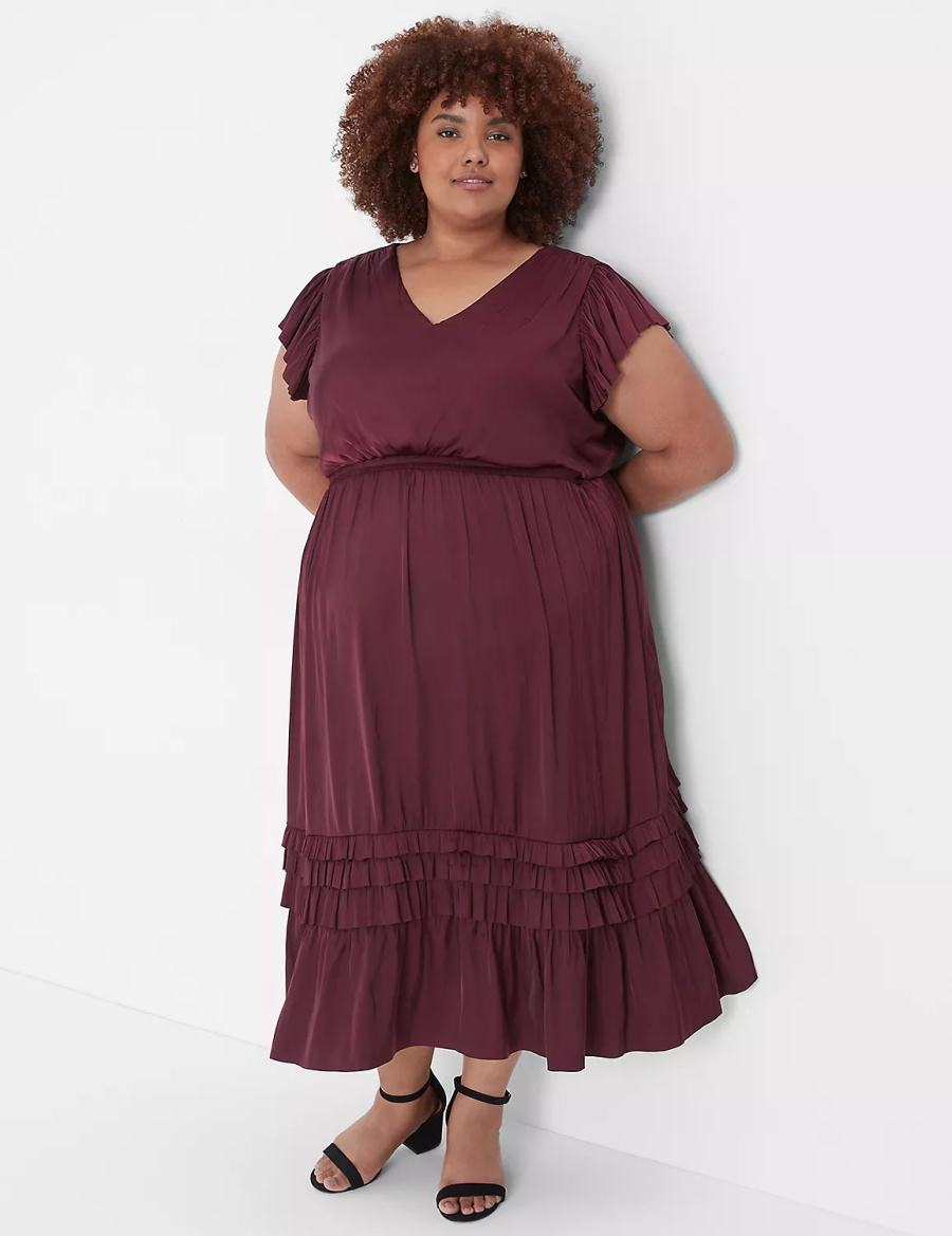 Lane Bryant Flutter-Sleeve Shirred Women Midi Dress Burgundy | PJM8063JA