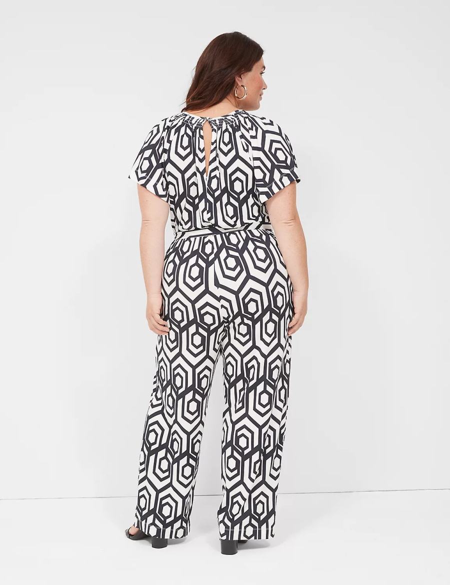 Lane Bryant Flutter-Sleeve Smocked-Neck Wide Leg Women Jumpsuit Navy | YNO5878AY