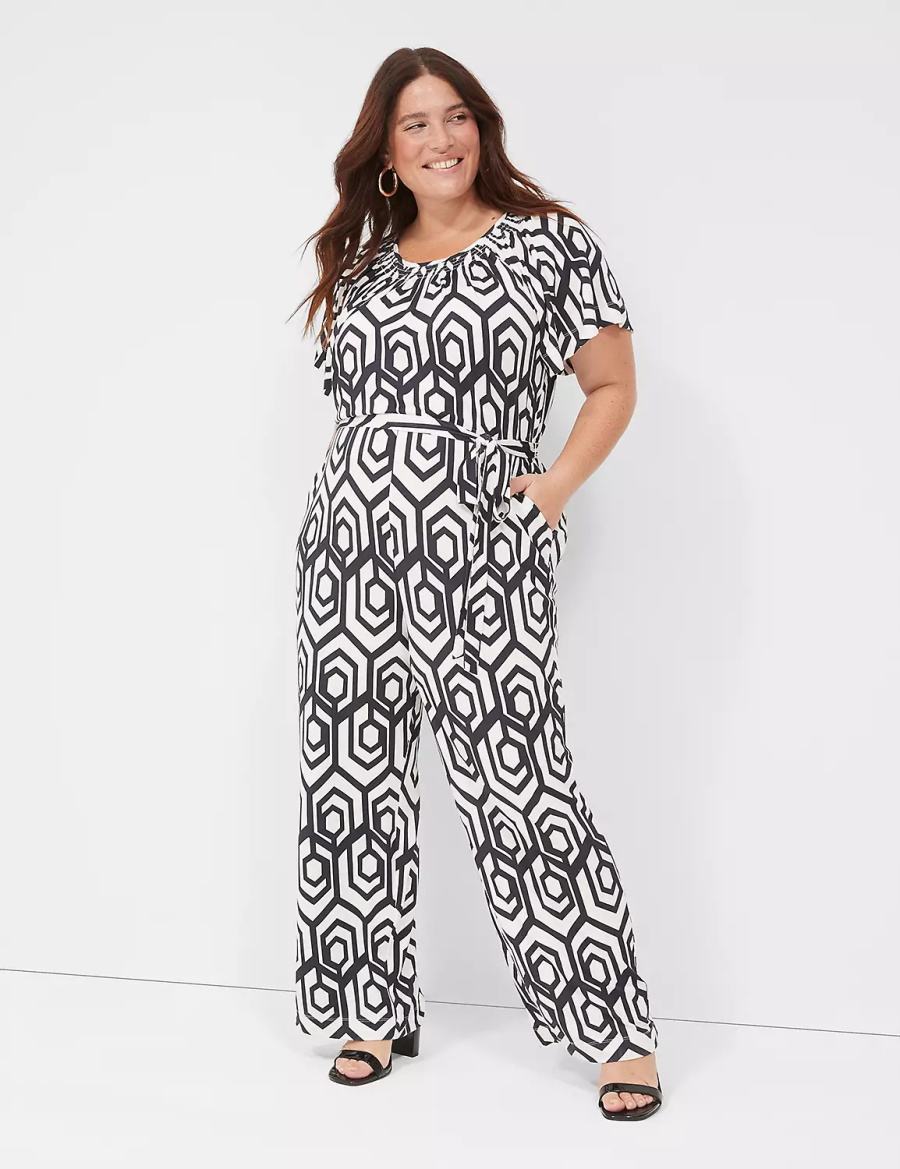 Lane Bryant Flutter-Sleeve Smocked-Neck Wide Leg Women Jumpsuit Navy | YNO5878AY