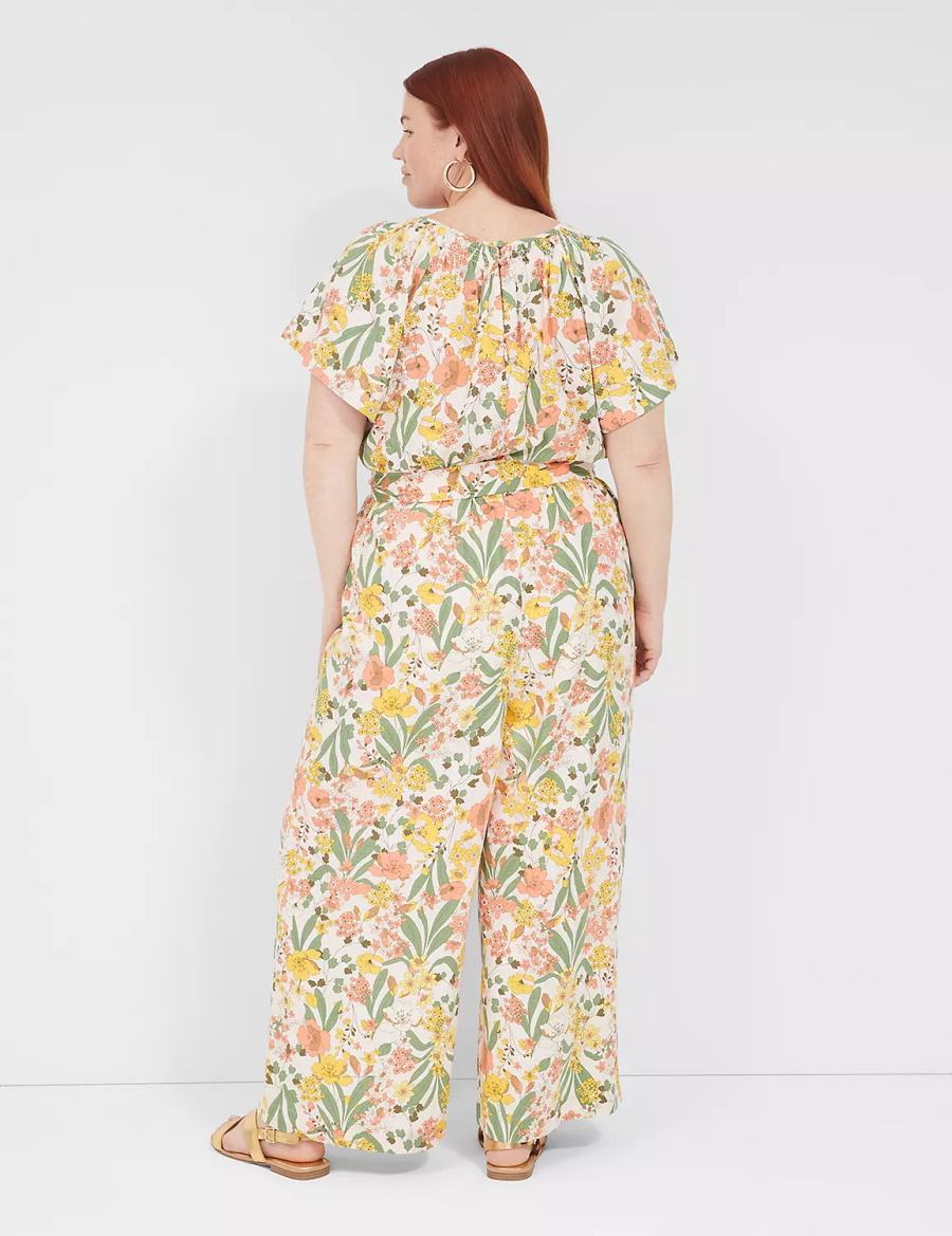 Lane Bryant Flutter-Sleeve Smocked-Neck Wide Leg Women Jumpsuit Yellow Multicolor | YWM9821FH