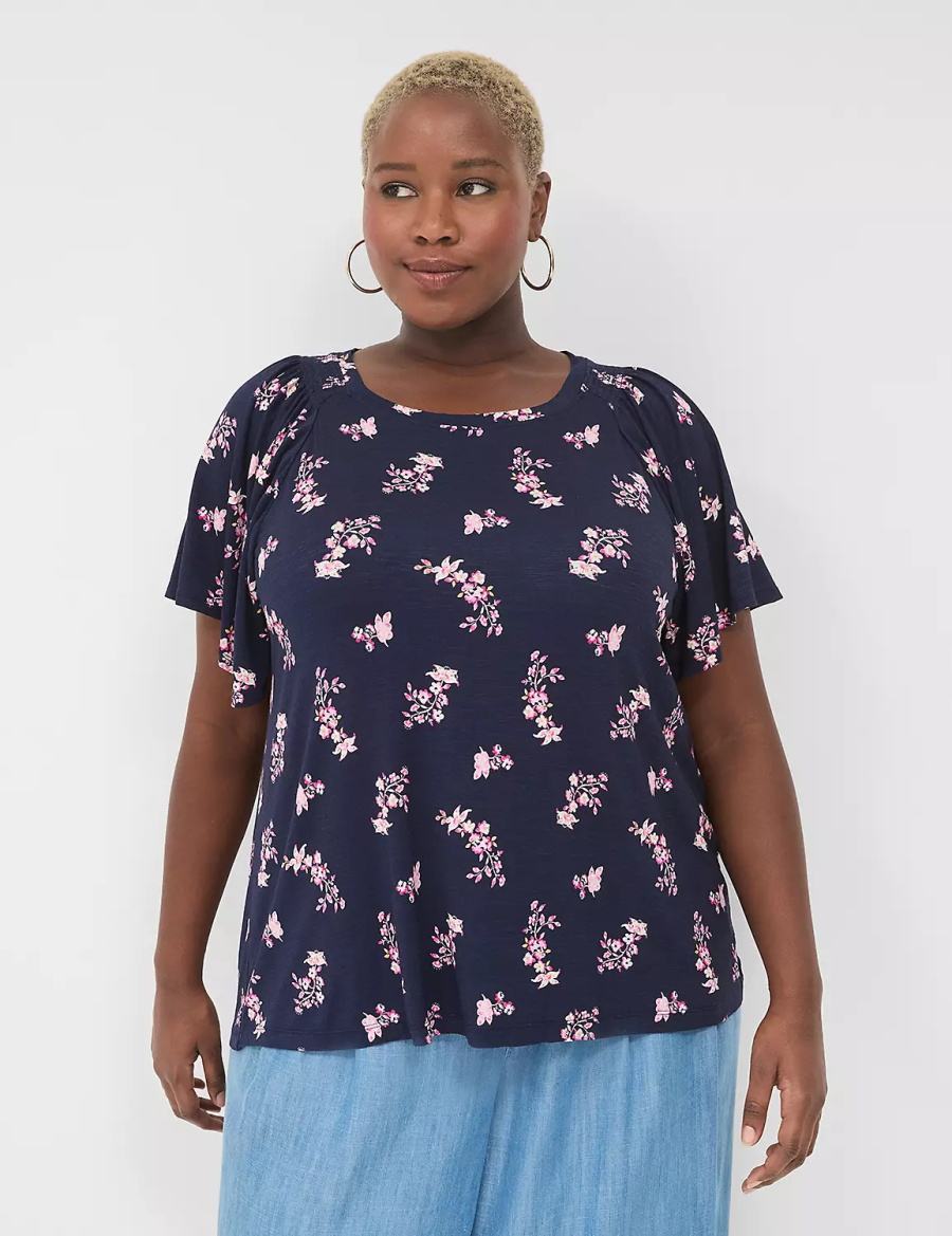 Lane Bryant Flutter-Sleeve Smocked Top Women T Shirts Pink Navy | JSC9622DD