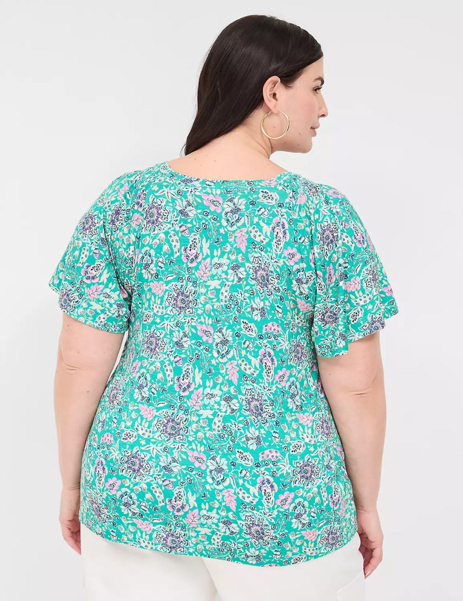 Lane Bryant Flutter-Sleeve Smocked Top Women T Shirts Light Turquoise | BMI45100VZ