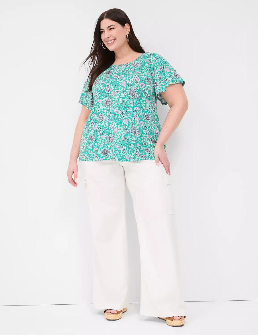 Lane Bryant Flutter-Sleeve Smocked Top Women T Shirts Light Turquoise | BMI45100VZ