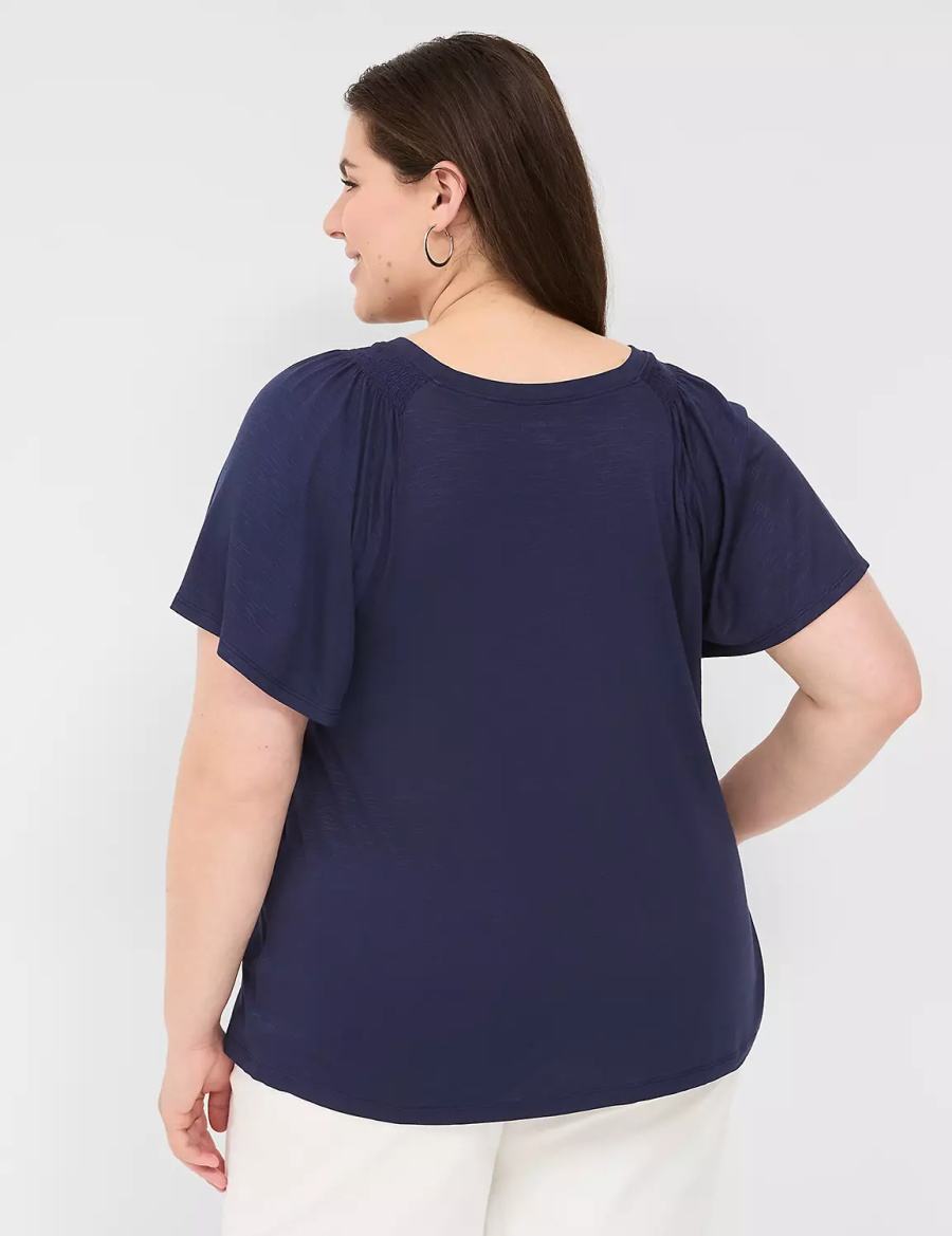 Lane Bryant Flutter-Sleeve Smocked Top Women T Shirts Blue | SDU10091ML