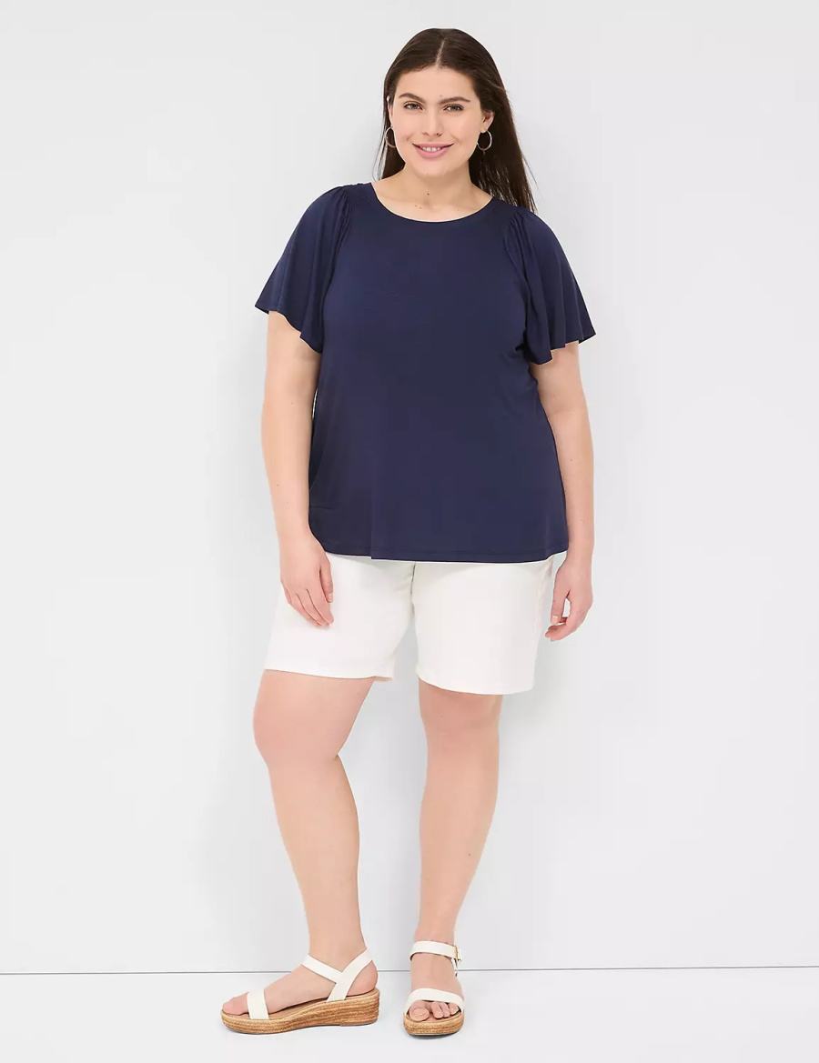 Lane Bryant Flutter-Sleeve Smocked Top Women T Shirts Blue | SDU10091ML