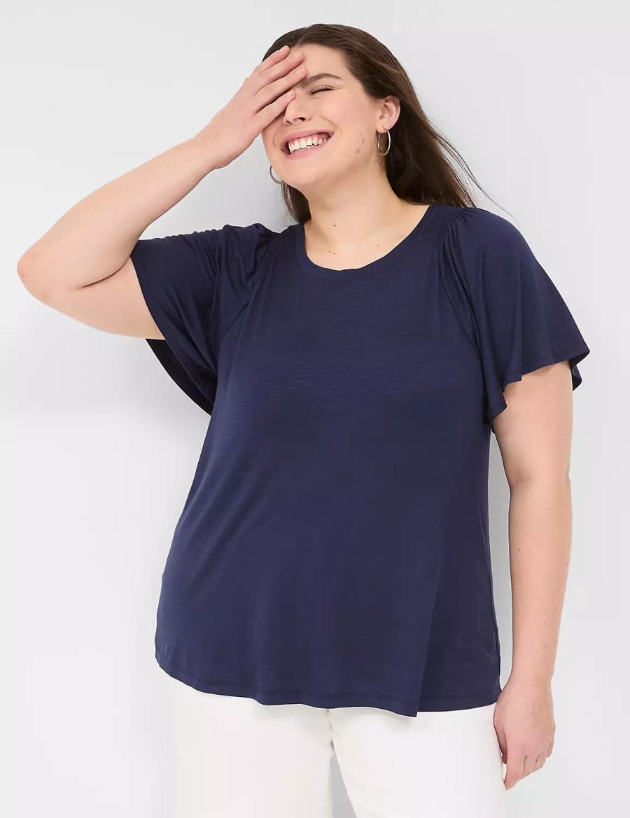 Lane Bryant Flutter-Sleeve Smocked Top Women T Shirts Blue | SDU10091ML