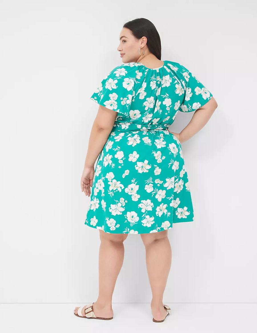 Lane Bryant Flutter-Sleeve Tie-Waist Women Casual Dress Turquoise | KVY2085RO