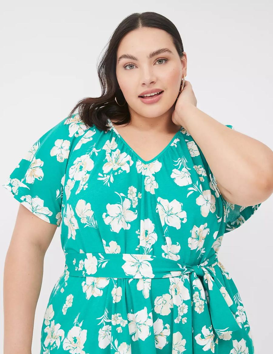 Lane Bryant Flutter-Sleeve Tie-Waist Women Casual Dress Turquoise | KVY2085RO