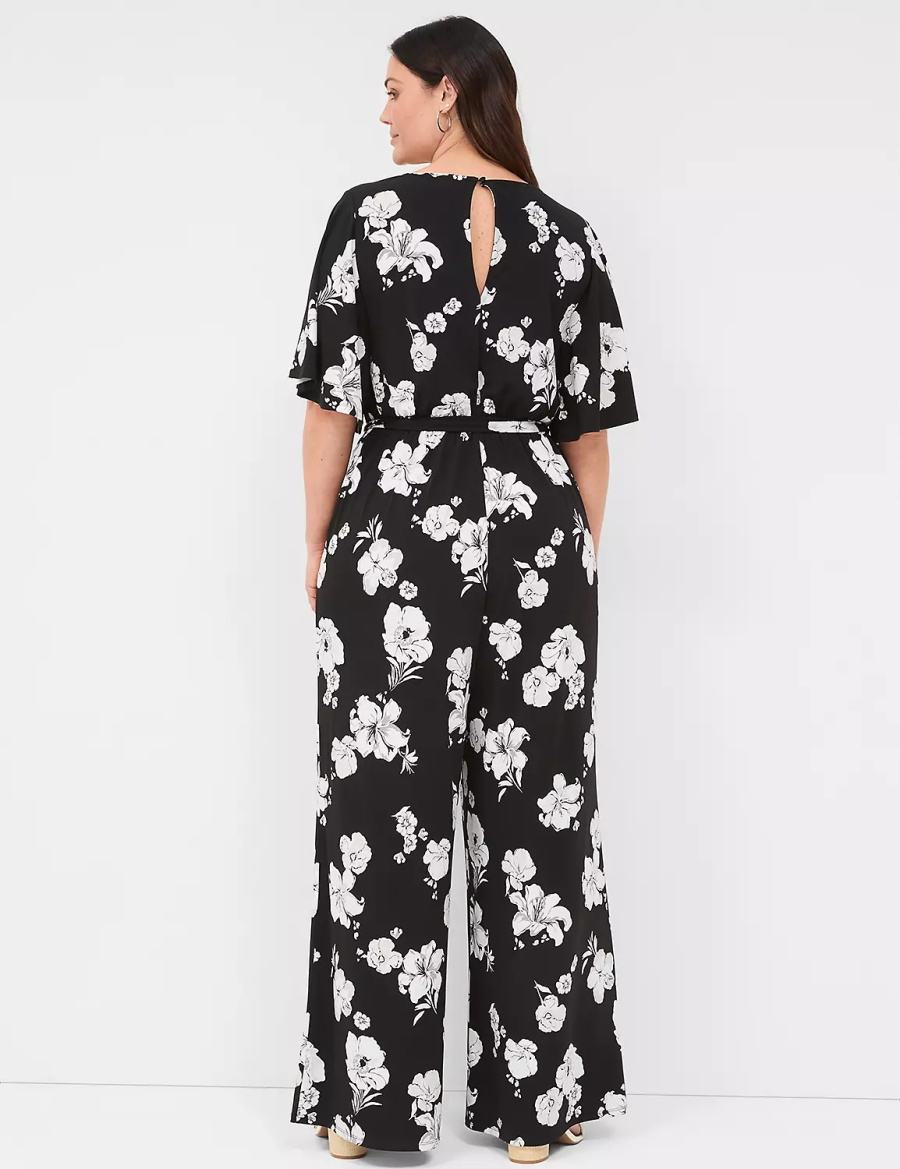 Lane Bryant Flutter-Sleeve Wide Leg Jersey Women Jumpsuit Black | JVK2591IZ