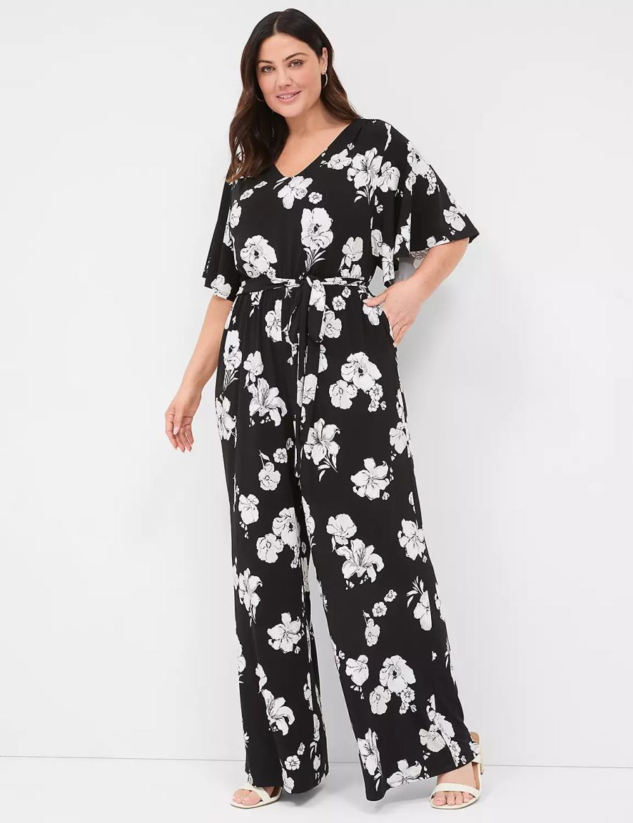 Lane Bryant Flutter-Sleeve Wide Leg Jersey Women Jumpsuit Black | JVK2591IZ