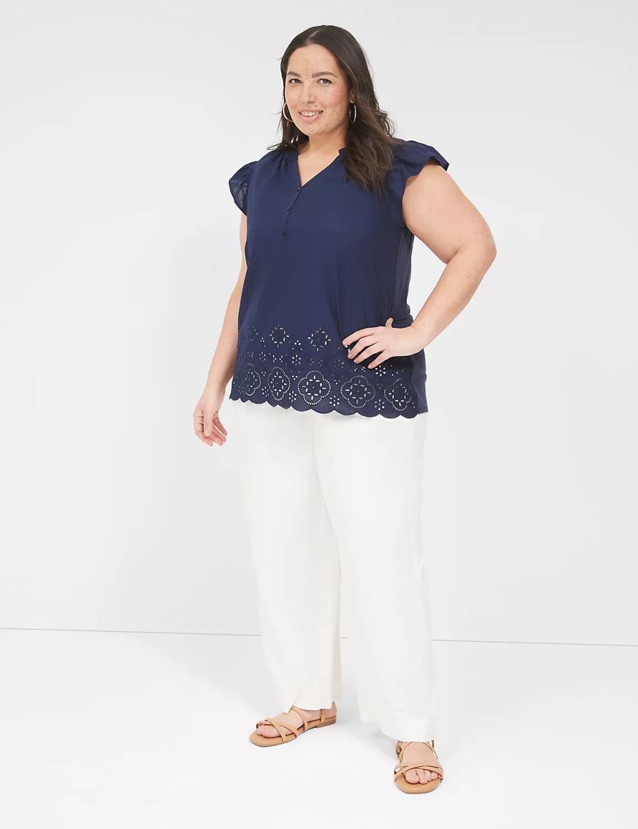 Lane Bryant Flutter-Sleeve Woven-Front Knit Top Women T Shirts Blue | YUT999CC