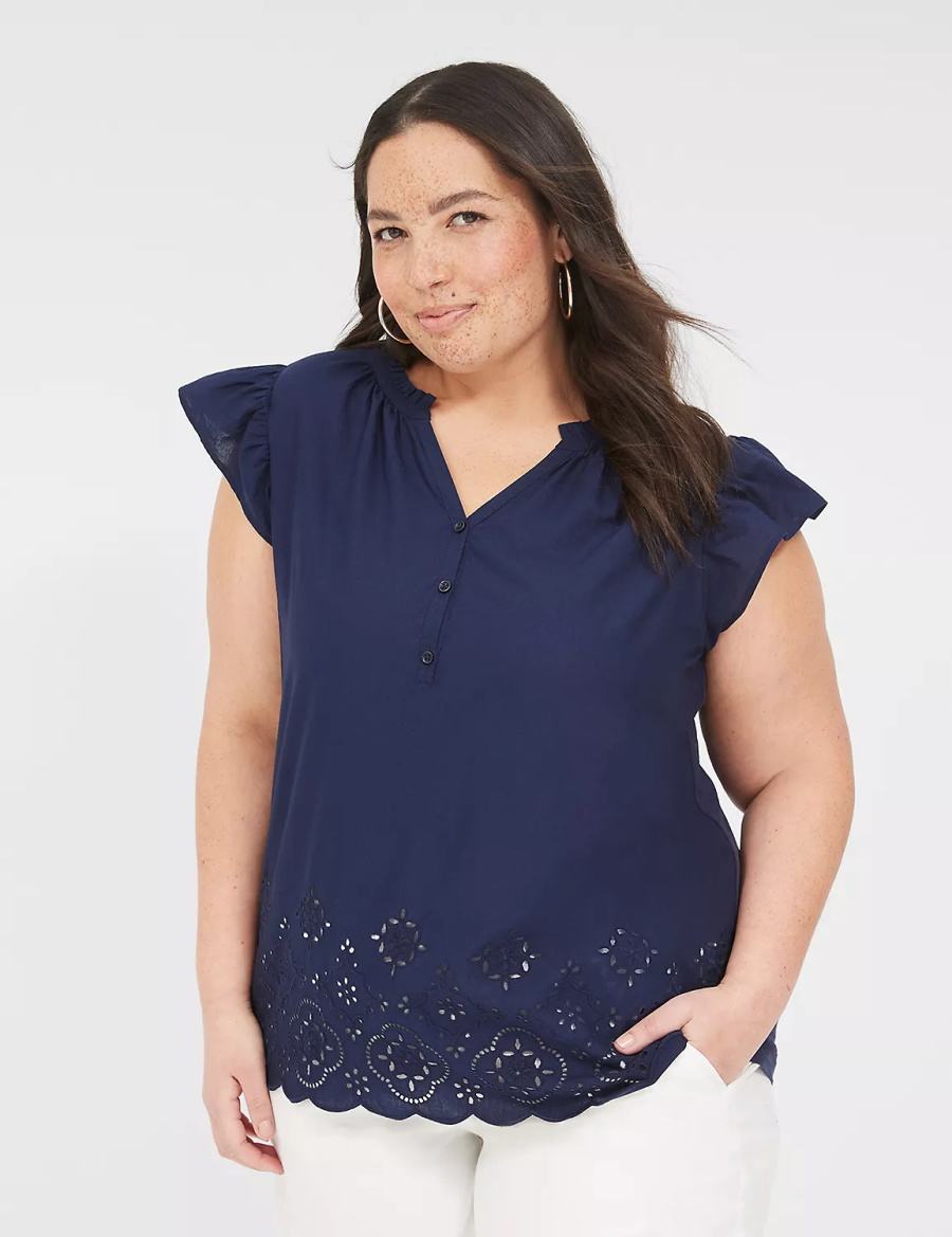 Lane Bryant Flutter-Sleeve Woven-Front Knit Top Women T Shirts Blue | YUT999CC