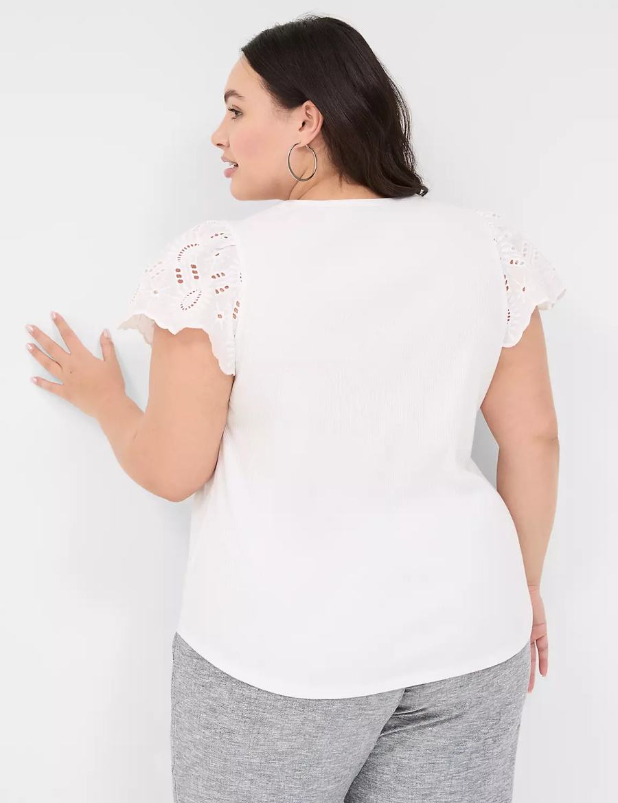 Lane Bryant Flutter Eyelet-Sleeve Top Women T Shirts White | DFV4525HW