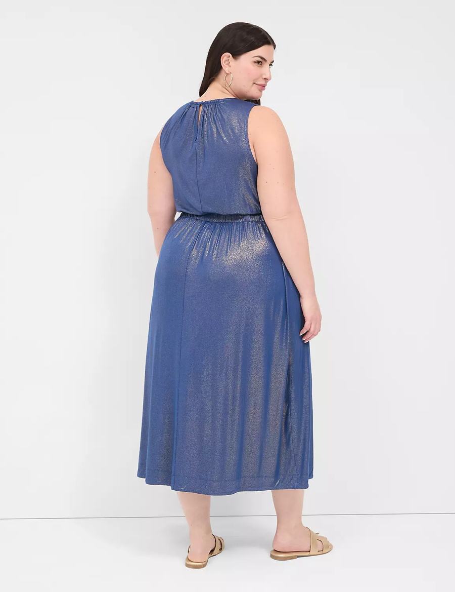 Lane Bryant Foil Shimmer Tie-Waist Women Midi Dress Dark Blue | XGG8491PH