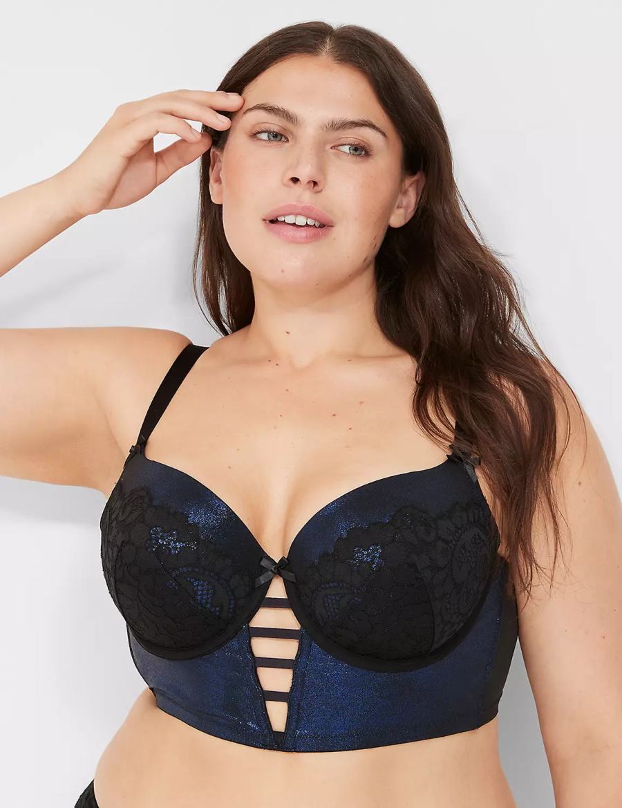 Lane Bryant Foil Shine Longline Women Balconette Bra Black | YGM1544NJ