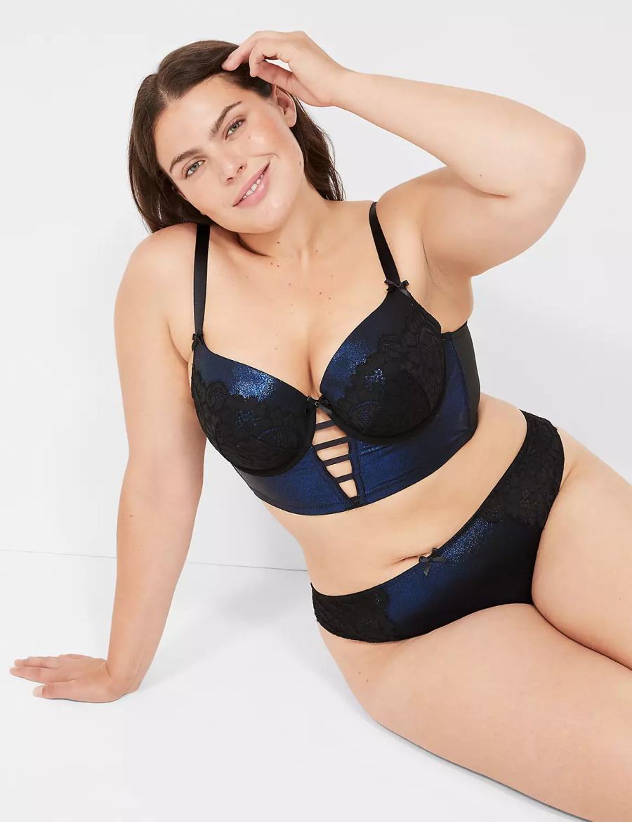 Lane Bryant Foil Shine Longline Women Balconette Bra Black | YGM1544NJ