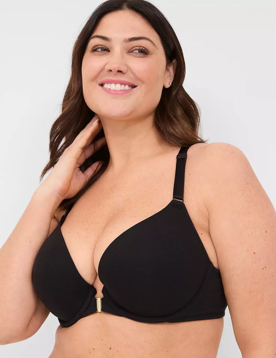 Lane Bryant Front-Close Cotton Boost Plunge Women Bralettes Black | SZA3198XA