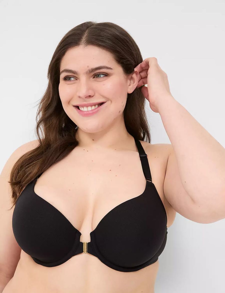 Lane Bryant Front-Close Cotton Lightly Lined Women T-Shirt Bra Black | OOY750LO