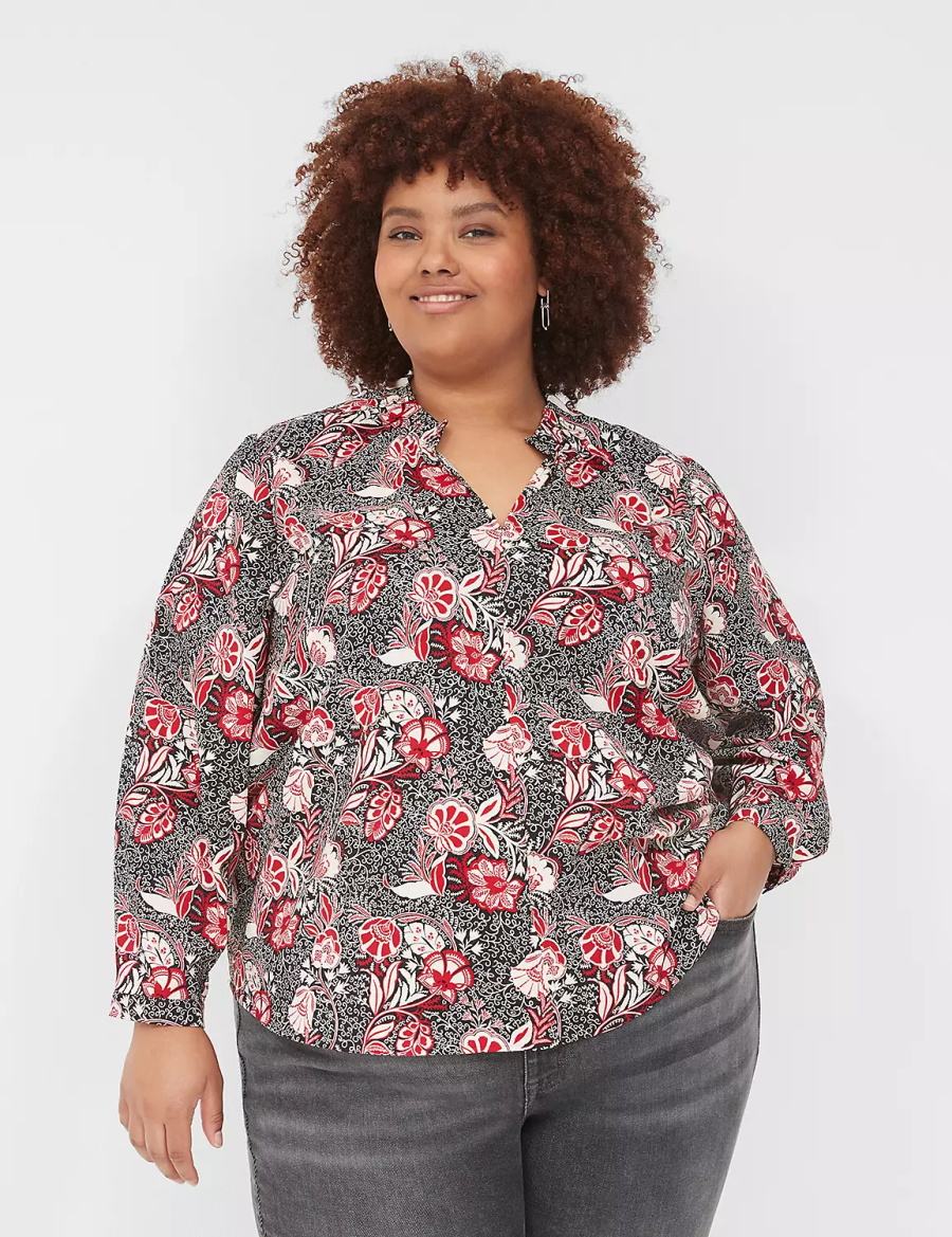 Lane Bryant Gathered Ruffle V-Neck Popover Women Shirts Red Black | RUD2642SD