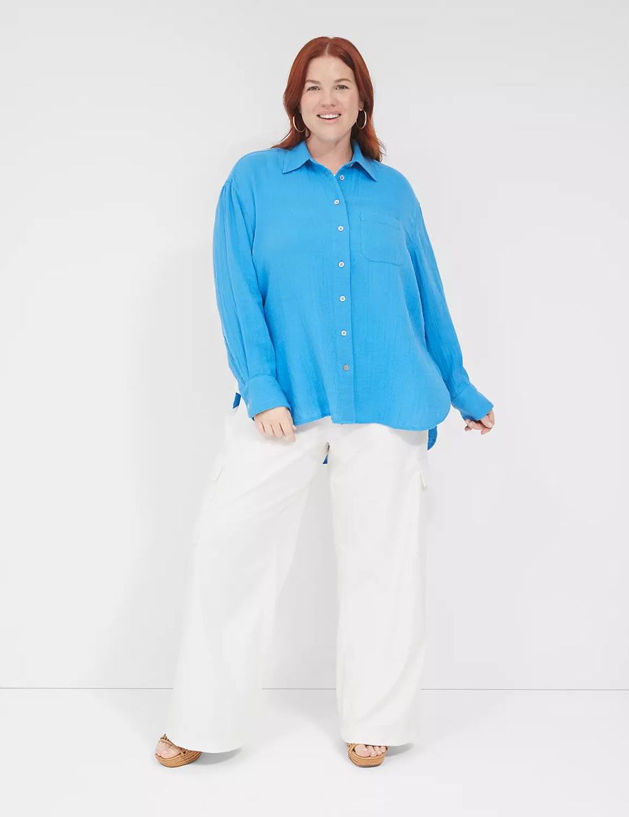 Lane Bryant Gauze Button-Down Beach Top Women Shirts Blue | HZK359GS