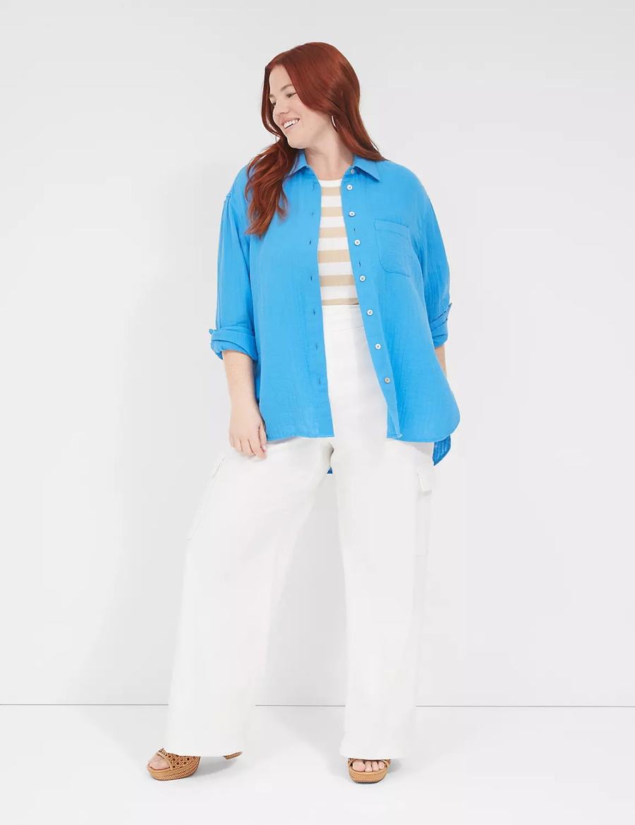 Lane Bryant Gauze Button-Down Beach Top Women Shirts Blue | HZK359GS