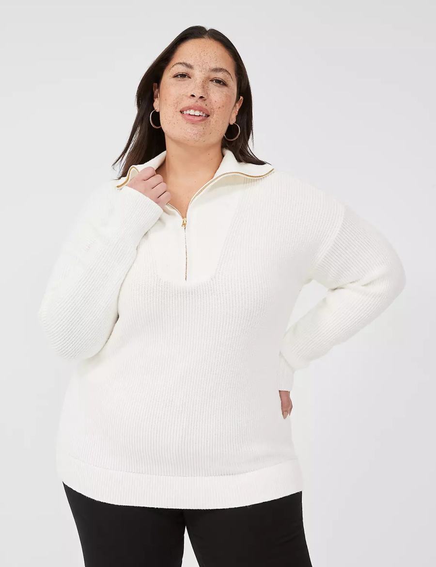 Lane Bryant Half-Zip Mock-Neck Women Sweaters White | KQZ5044IS