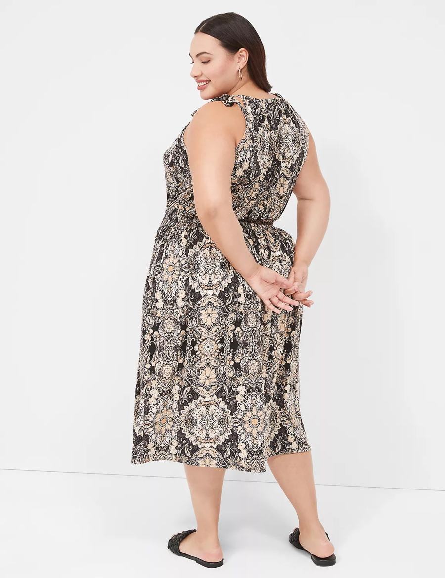 Lane Bryant Halter-Neck Smocked-Waist Jersey Women Midi Dress Black Multicolor | GHC113KM