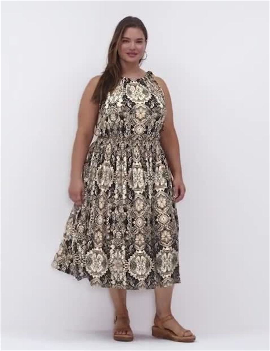 Lane Bryant Halter-Neck Smocked-Waist Jersey Women Midi Dress Black Multicolor | GHC113KM