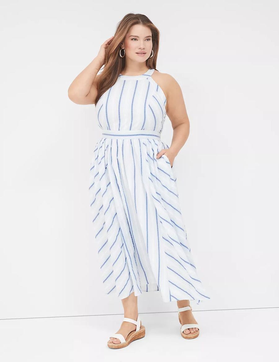 Lane Bryant Halter-Neck Women Maxi Dress White Blue | DDR944RR