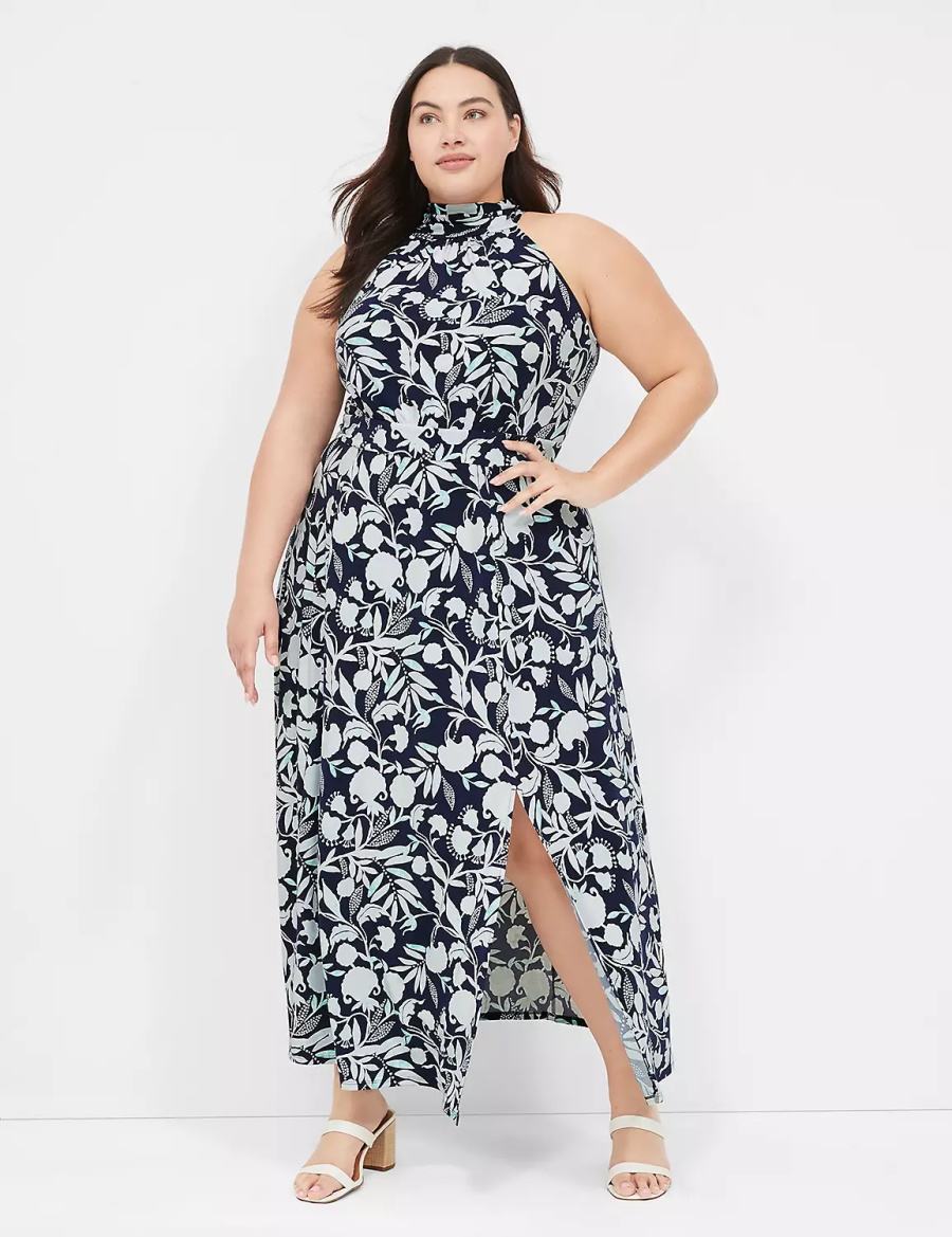 Lane Bryant Halter Tie-Neck Women Casual Dress Navy | MVU892KV