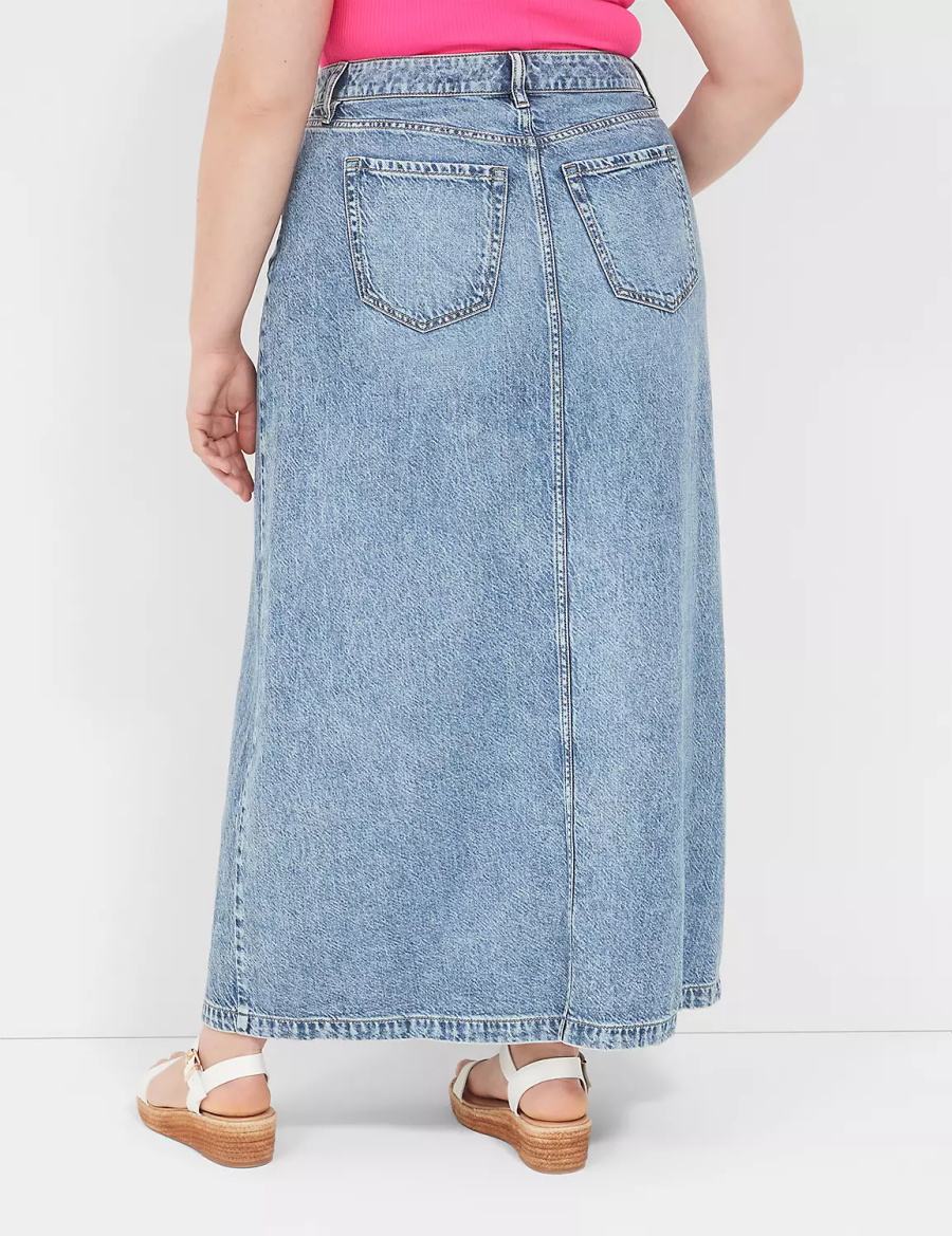 Lane Bryant High-Rise Front-Slit Denim Maxi Women Skirts Light Blue | AOR9781HJ