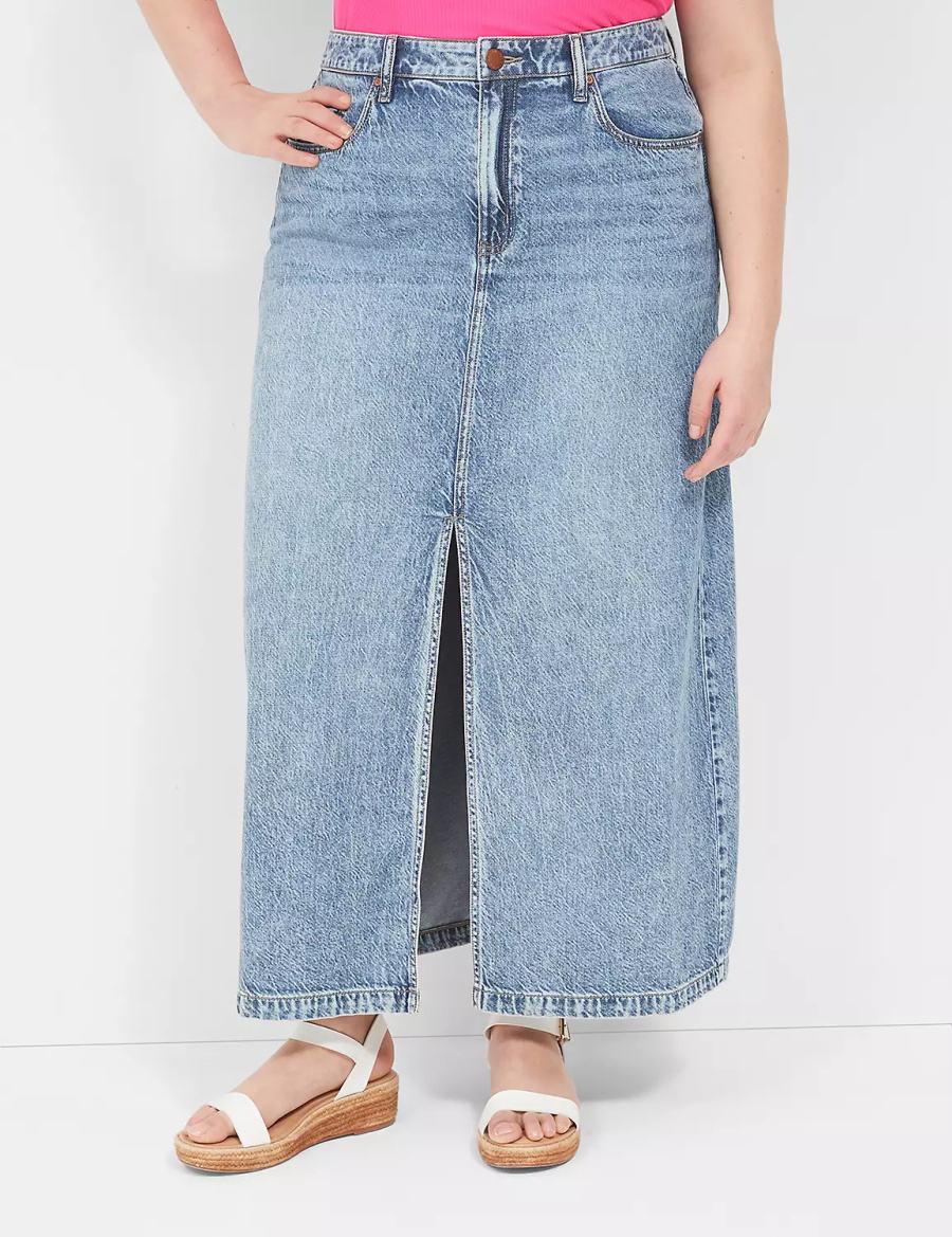 Lane Bryant High-Rise Front-Slit Denim Maxi Women Skirts Light Blue | AOR9781HJ