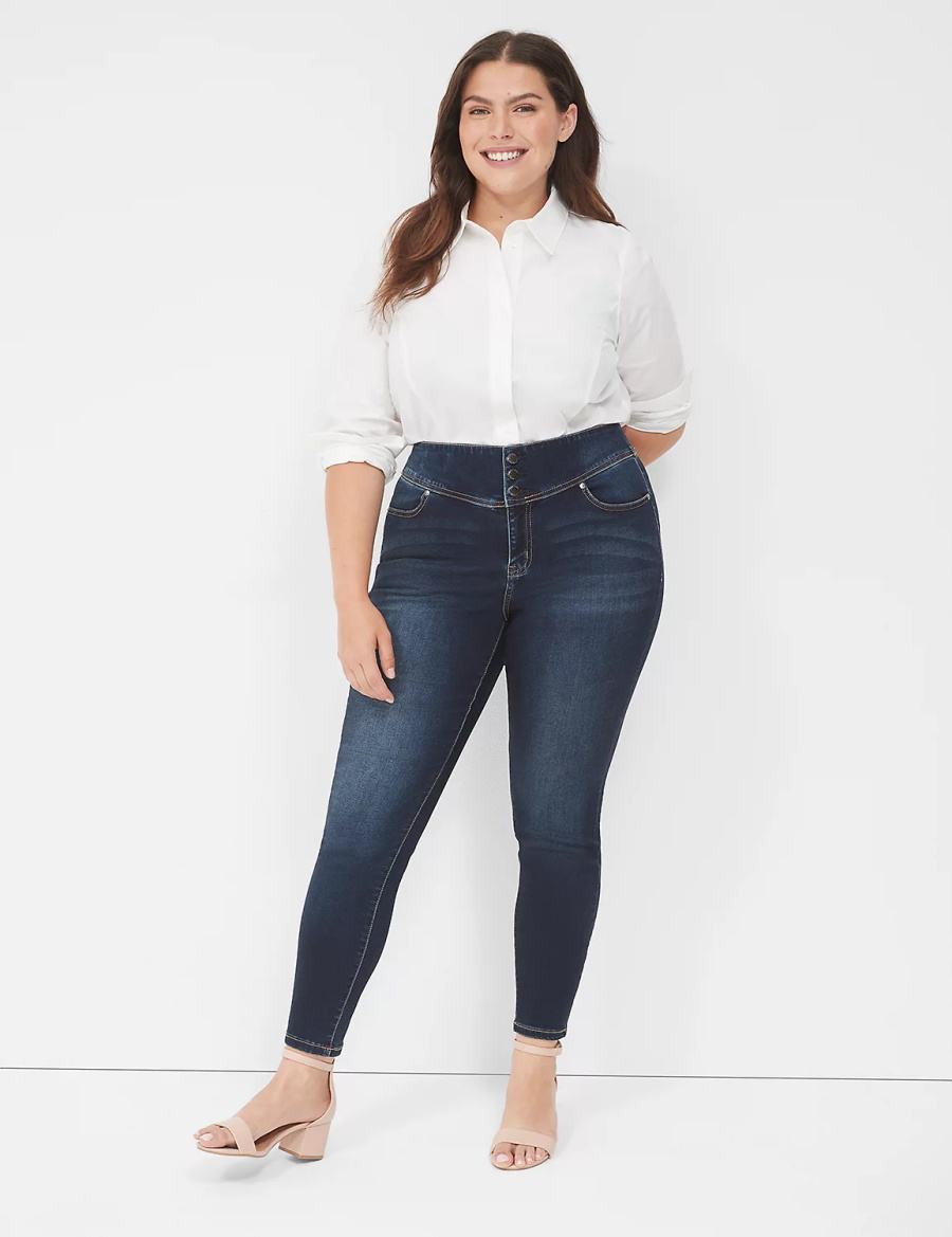 Lane Bryant High-Rise Sateen 3-Button Women Jeggings Dark Blue | EBC765GY