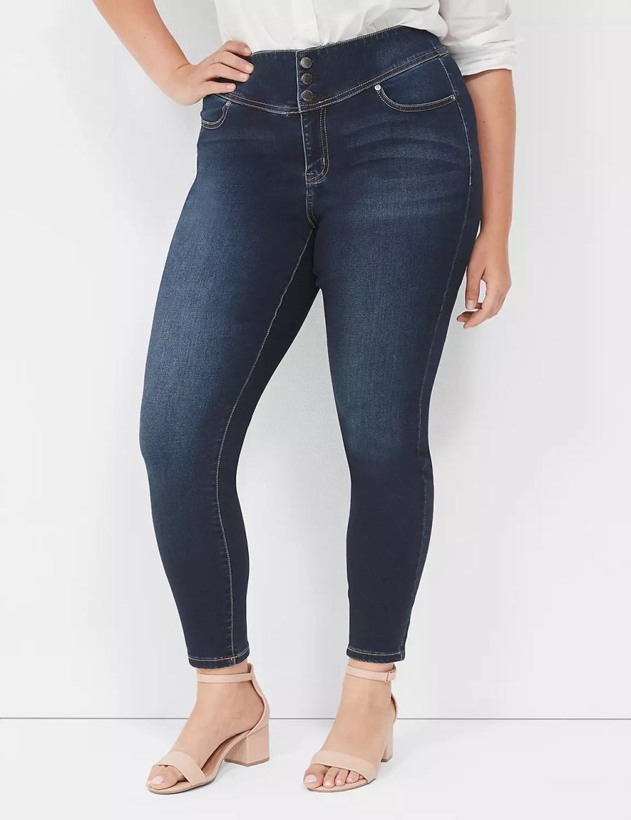 Lane Bryant High-Rise Sateen 3-Button Women Jeggings Dark Blue | EBC765GY