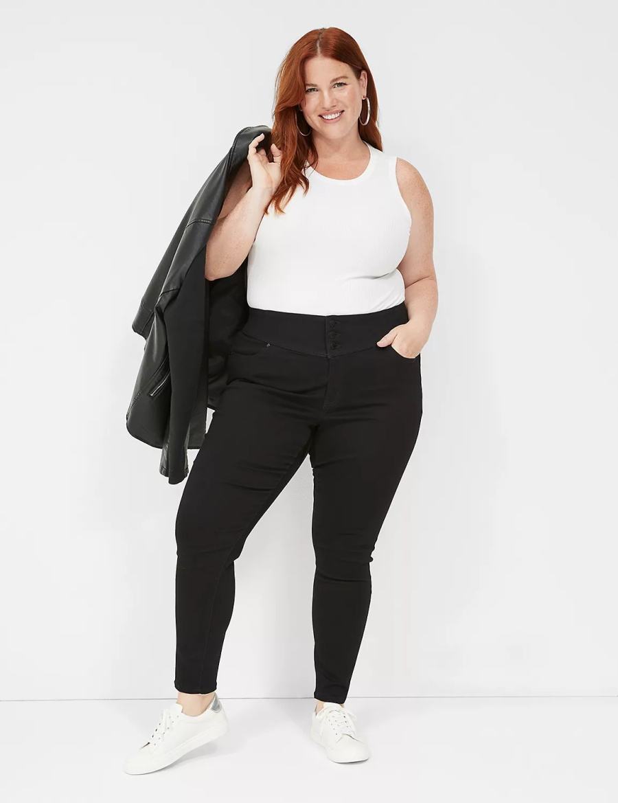 Lane Bryant High-Rise Sateen 3-Button Women Jeggings Black | EVD4813SR