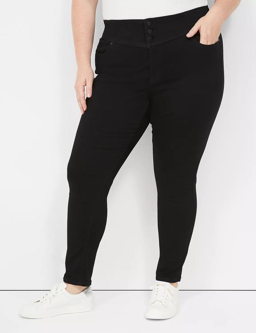 Lane Bryant High-Rise Sateen 3-Button Women Jeggings Black | EVD4813SR