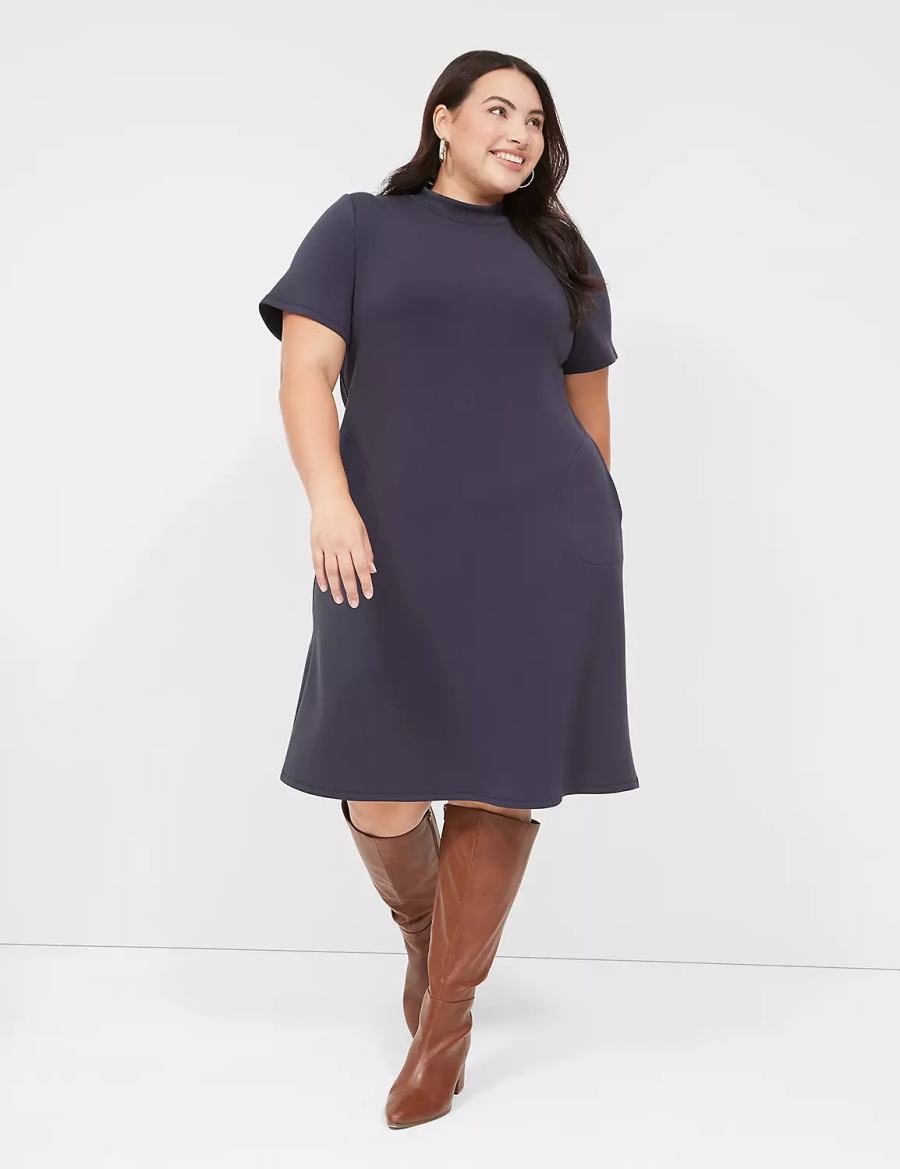 Lane Bryant Journey Short-Sleeve Mock-Neck Women Casual Dress Blue | QMK6100MY